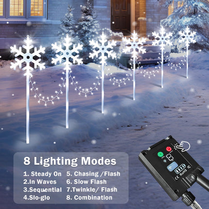 6 Pack Solar Snowflake Pathway Lights, Large Solar Christmas Lights Outdoor Waterproof Decorations, Led Snowflake Lights Outdoor with 8 Lighting Modes Walkway Garden Yard Patio Driveway Stake, White