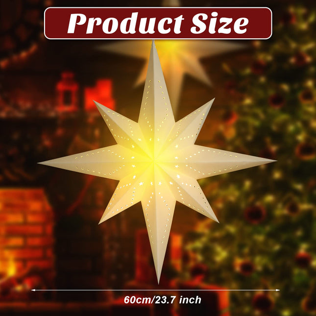 Paper Lantern Christmas 8 Pointed Hanging Star with LED Light String Lampshade Pendant Xmas Ornament for Wedding Holiday Birthday Home Decor 23.6 Inches(White)