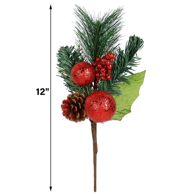 DR.DUDU Christmas 6 Pack 12'' Elegant Faux Picks Evergreen Sprigs + Gold & Silver Globe Ornaments + Pine Cone + Green Poinsettia Leaf + Mini Gold Balls (Red)