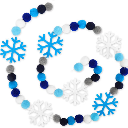 Whaline 8.2Ft Christmas Felt Ball Graland Winter Snowflake Cute Pom Pom Ball Snow Blue Flake Banner Xmas Tree Hanging Pom Bunting Garland for Winter Holiday Wonderland Party Mantel Wall Decor Supplies