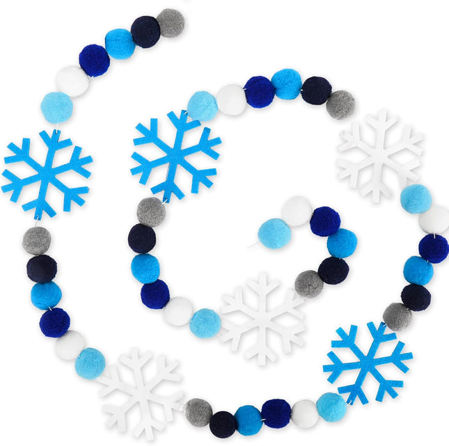 Whaline 8.2Ft Christmas Felt Ball Graland Winter Snowflake Cute Pom Pom Ball Snow Blue Flake Banner Xmas Tree Hanging Pom Bunting Garland for Winter Holiday Wonderland Party Mantel Wall Decor Supplies