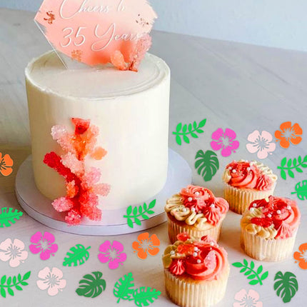 100PCS Tropical Hawaii Flower Confetti Tropical Birthday Baby Shower Party Decorations Green Leaf Confetti Party Decorations for Birthday Baby Shower Pool Beach Jungle Wedding