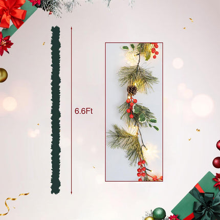 6FT Lighted Christmas Garland Pre-lit with 20 LED Lights, Battery Operated, Rustic Christmas Garland Decorated with Pine Cones, Red Berries, Pineneedle for Mantle Stairs Wall, Indoor Outdoor Use