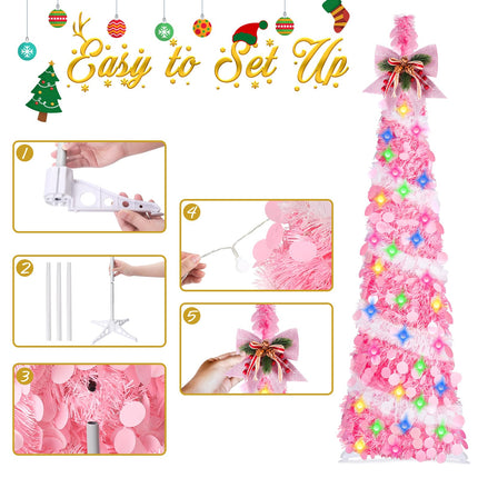 5Ft Pop Up Tinsel Christmas Tree with LED Lights, Sequins, Tree Topper, Collapsible Pencil Christmas Tree Artificial, Holiday Indoor Christmas Decoration for Home, Office, Apartment Xmas Décor