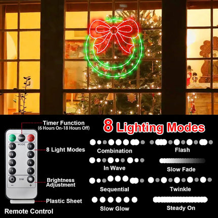Christmas Wreath Window Lights Decorations, 13.5 in 82LEDs Christmas Wreath Lights with Bow, Timer Remote Control USB Powered Window Silhouette Lights for Door Home Wall Winter Xmas Party Decor