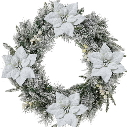Glitzhome 24" D Pre-Lit Snow Flocked Greenery Pine Poinsettia Christmas Wreath, with 50 Warm White Lights with Timer