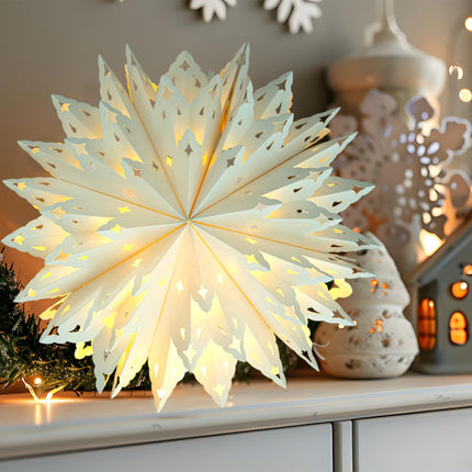 5 Pack Christmas Paper Snowflake Lanterns, Christmas Paper Star Lantern with LED Light White Hanging Lamp Ornaments for Xmas Tree Year Winter Frozen Weddings Birthday Holiday Party Decorations