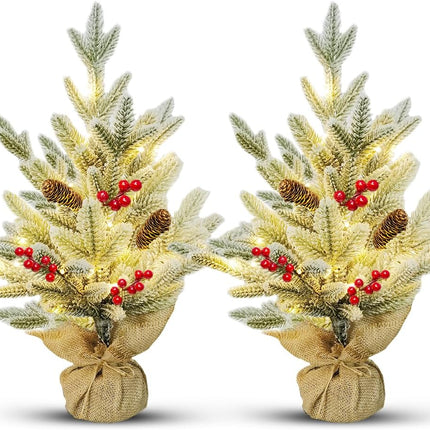 2 Pack Mini Table Christmas Trees - Battery Operated Flocked Holiday Décor for Indoor Rooms Decoration w/Red Berries, Pine Cones, 18inch
