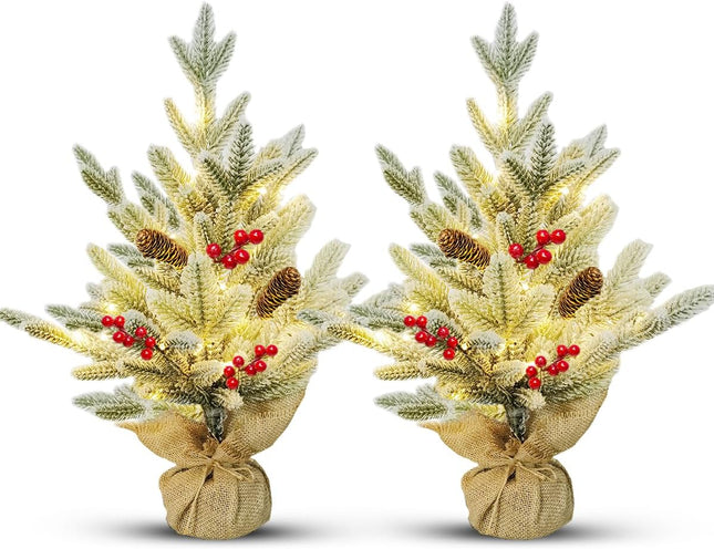 2 Pack Mini Table Christmas Trees - Battery Operated Flocked Holiday Décor for Indoor Rooms Decoration w/Red Berries, Pine Cones, 18inch
