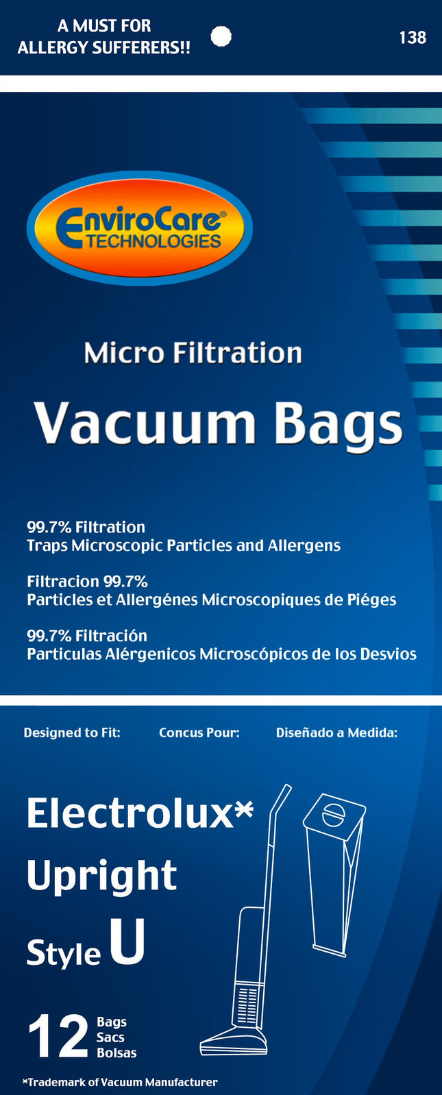 Envirocare Micro Filtration Vacuum Cleaner Dust Bags Made To Fit Electrolux Upright Style U And Proteam Prolux, Procare & Proforce Uprights 12 Pack