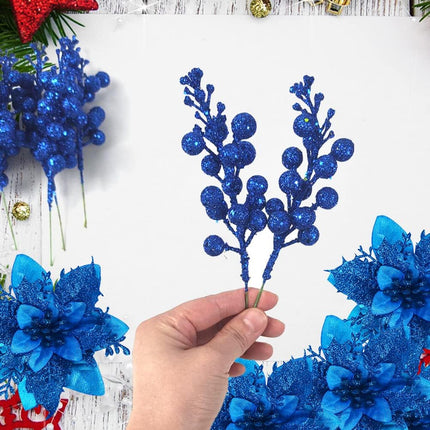Rainmae 12pcs 5.5in Christmas Artificial Flowers and 12pcs Berry Stems, Royal Blue Glitter Poinsettia Flowers Decorations, Christmas Tree Ornaments for Xmas Wreath DIY Garland Ornaments Wedding Party