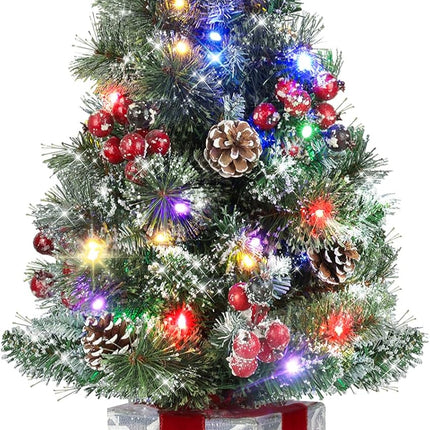 Brightever 2FT Small Christmas Tree, Prelit Mini Christmas Tree with 50 Multi-Color LED Lights, Unique Box Base, Battery Operated Little Xmas Tree for Table Top, Pinecone & Berries Included
