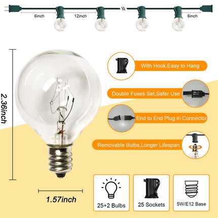 25Ft G40 Outdoor String Lights, Golbe Patio Light with 27 G40 Clear Incandescent Bulbs(2 spare), Hanging Waterproof Connectable Christmas String Lights for Indoor Outdoor Garden Camping Backyard Porch