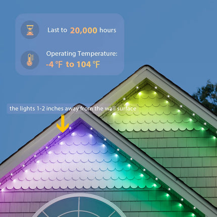 Permanent Outdoor Lights 65.6ft, Smart RGB+IC LED Eaves Lights with 100 LEDs, IP65 Waterproof Outdoor LED Lights for Party, Roof, Garden, Game Day, Work with Alexa, Google Assistant