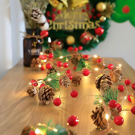 CCINEE 6.56ft Christmas Pine Cone Garland, Light up Garland String Lights Battery Operated Christmas Decor with Red Berry Pine Cone Indoor Decorations for Fireplace