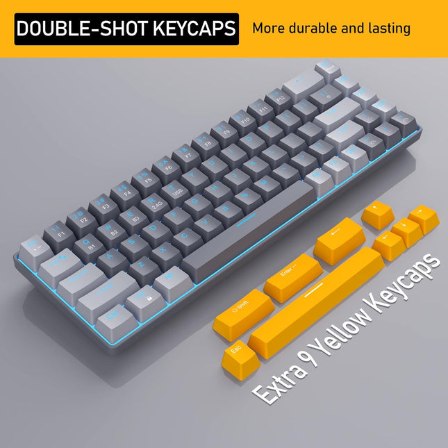 Wireless 60% Mechanical Gaming Keyboard, 3 Connection Mode Keyboard with Clicky Blue Switches, Portabl Compact Black&Grey Keyboard,68 Keys Mini Keyboard for Mac/Windows,Gamer,Typist,Travel,Trip