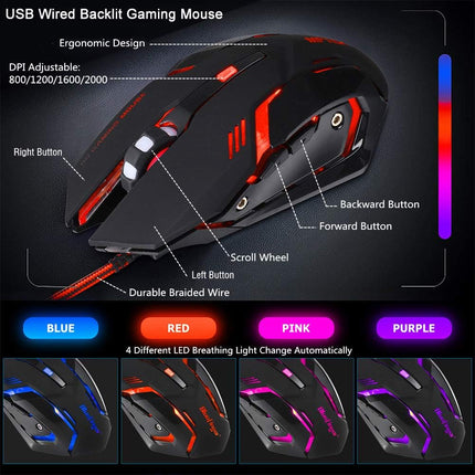 RGB Gaming Keyboard and Backlit Mouse Combo, USB Wired, LED Gaming set for Laptop PC Computer Game and Work