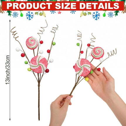 Yinkin 6 Pcs Peppermint Candy Cane Pick Spray Ornament 13 Inches Red Green White Stripe Lollipop Sprays Floral Berry Christmas Picks and Sprays for Christmas Tree Wreath Decoration Home Party Craft