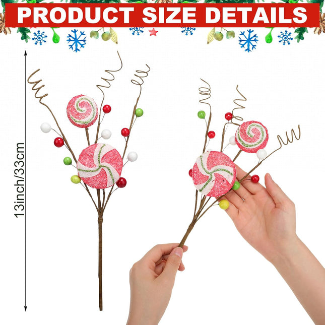 Yinkin 6 Pcs Peppermint Candy Cane Pick Spray Ornament 13 Inches Red Green White Stripe Lollipop Sprays Floral Berry Christmas Picks and Sprays for Christmas Tree Wreath Decoration Home Party Craft