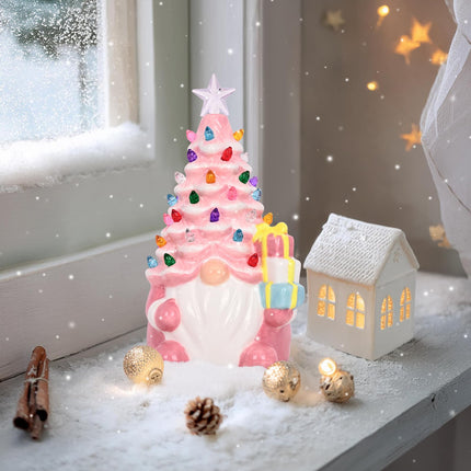 Uspring Ceramic Christmas Tree Christmas Gnomes 8'' Lighted Up Gnome Christmas Tree Table Top Christmas Trees with 46 Lights, Gnome Christmas Decorations for Home Room Fireplace (Pink)