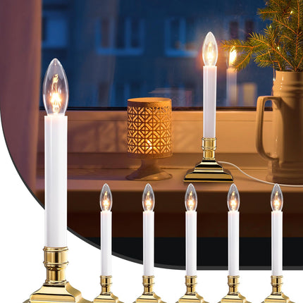 SURAIELEC 6 Pack Plug-in Window Candles, Dusk-to-Dawn Window Lights with Gold Candle Holders, Flameless Candlesticks for Christmas Window, Mantel, Dining Table, Gloss Gold, UL Listed