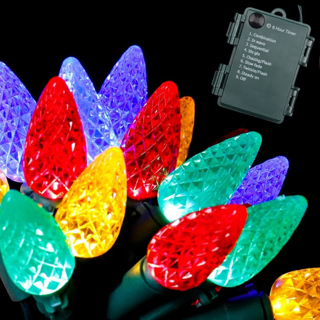 C6 LED Christmas Light(16.5FT), Battery Operated 4 Color 50 Bulbs Christmas String Light Set, 8 Light Modes Christmas Tree Decorations for Wreaths Centerpieces Room Patio Xmas Wedding Party