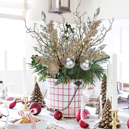 3 Pcs Christmas Glitter Leaves Fern Stems with Ball Ornament, Bay Leaves, 15 Inch Artificial Christmas Picks Floral Branches for Christmas Tree, Xmas Wreath, Centerpieces, Home Decor - Champagne