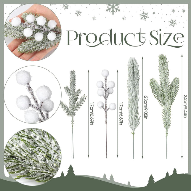Giegxin 65 Pieces Christmas Snowy Pine Tree Picks Artificial Berry Stems Sprays White Faux Cedar Pine Needles Branches for Holiday Arrangement Wreath DIY Garland Holiday Decor Winter Greenery