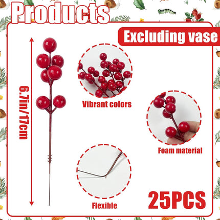 CIEOVO 60 Pcs Christmas Artificial Pine Branches with Red Berry Stems, Faux Evergreen Norfolk Pine Cypress Leaves Stems- Fake Foliage Pine Needles Picks for DIY Wreath Xmas Garlands Home Decoration