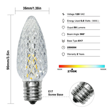 50 Pack C9 Led Replacement Christmas Light Bulb, 0.6W C9 Shatterproof Led Bulbs for Christmas String Light, E17 Intermediate Base, Commercial Grade Light Bulbs, Warm White 2700K
