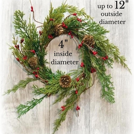 Artificial Realistic-Looking Cedar Wreath Candle Ring Mini Wreath Accent for Statues, Lanterns, Nativity, Candle Holders, Doors, Windows, Centerpieces, Tree Decorations, Holiday Decor, Pillars