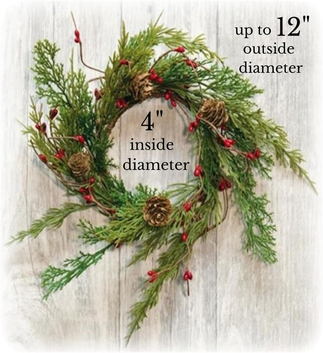 Artificial Realistic-Looking Cedar Wreath Candle Ring Mini Wreath Accent for Statues, Lanterns, Nativity, Candle Holders, Doors, Windows, Centerpieces, Tree Decorations, Holiday Decor, Pillars