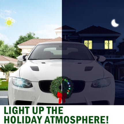 moveland RGB LED Christmas Car Wreath - 16 Colors Changeable Car Artificial Wreath with Remote Control - 12V Plug-in Wreath Lighting with Red Bow - Christmas Car Decoration