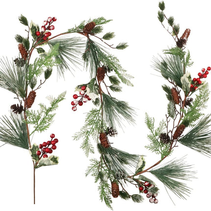 5.9FT Christmas Pine Needle Garland Pinecones Christmas Garland Artificial Christmas Garland with Holly Leaves Pine Needles Red Berry Holiday Garland for Winter Home Mantle Fireplace Stairs Decor