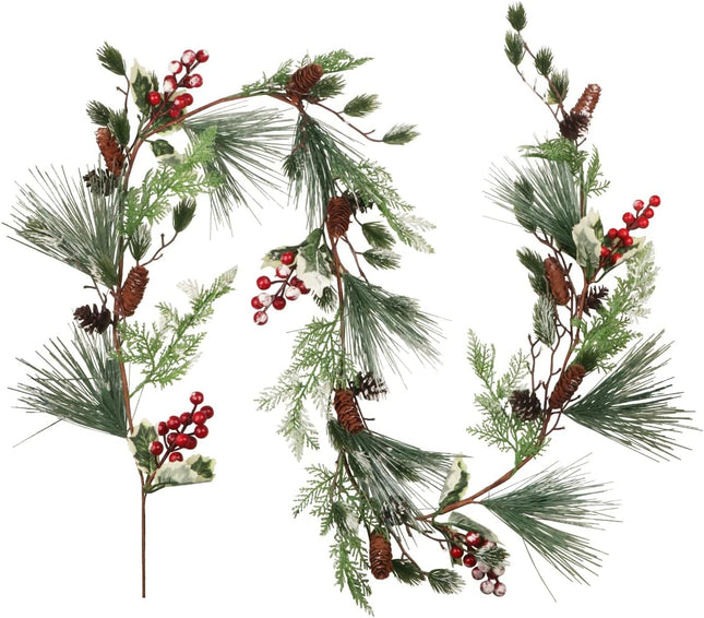 5.9FT Christmas Pine Needle Garland Pinecones Christmas Garland Artificial Christmas Garland with Holly Leaves Pine Needles Red Berry Holiday Garland for Winter Home Mantle Fireplace Stairs Decor