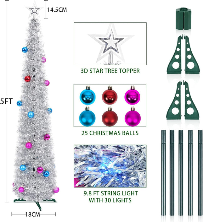 Dolicer 5Ft Pop up Christmas Tree, Collapsible Tinsel Christmas Tree with 30 Colorful LED Lights Artificial Pencil Tree with 25 Ball Ornaments Battery Operated Xmas Tree Decor Home Party (Silver)
