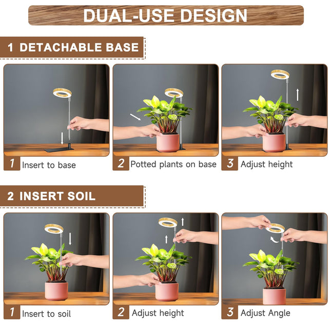 Aokrean Grow Light, Full Spectrum Plant Lights for Indoor Growing with Base | 48 LEDs Halo Grow Lamp for Small Plants, Base/Soil Insert, 6.5-26in Adjustable, 3 Spectra, 3/9/12H Timer,10 Brightness,3 Pack