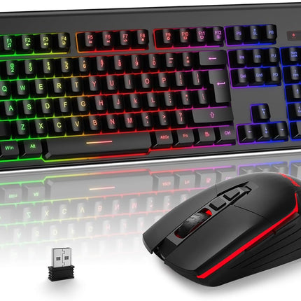 Wireless Gaming Keyboard and Mouse, Rechargeable Rainbow Backlit Wireless Keyboard and Ergonomic Light Up Mouse Combo for Windows, Mac, PC, Laptop