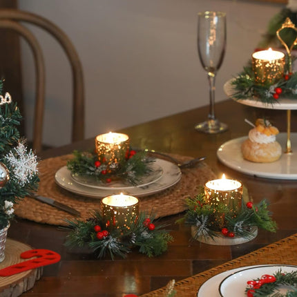 Christmas Candle Ring, 4 Pcs Votive Candle with Red Berry Pinecone, Xmas Ring Candle for Table Centerpiece Decoration Wedding Holiday,Gold