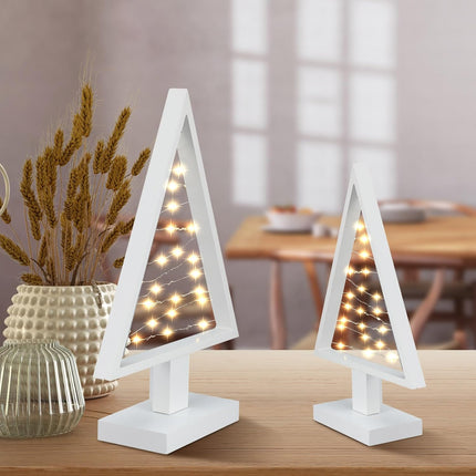 Wood Christmas Tree with Lights White Modern Farmhouse Light up Christmas Tree for Home Tabletop Fireplace Shelf Decor Battery Operated Holiday Decorations Set of 2(Large 13.4", Small 9.8")