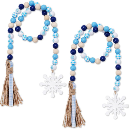 Whaline 2Pcs Winter Wood Beads Garland with Snowflake Pendants Blue White Buffalo Plaids Rustic Farmhouse Xmas Hanging Ornament Snow Flake Beads for Winter Tiered Tray Fireplace Home Decor