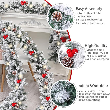 Christmas Garland with Lights,Prelit Xmas Garlands with Timer, 9ft Lighted Xmas Garland Snow for Mantle Staircase Front Door Stairs Railing Window Fireplace Winter Outdoor Home Decorations