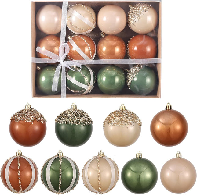 12 Pcs Christmas Ball Ornaments Set Brown Green Champagne Neutral Shatterproof Christmas Tree Decorations 3.15 Inch Glittering Decorative Hanging Ornament Bulk for Xmas Tree Wreath Holiday Party Decor