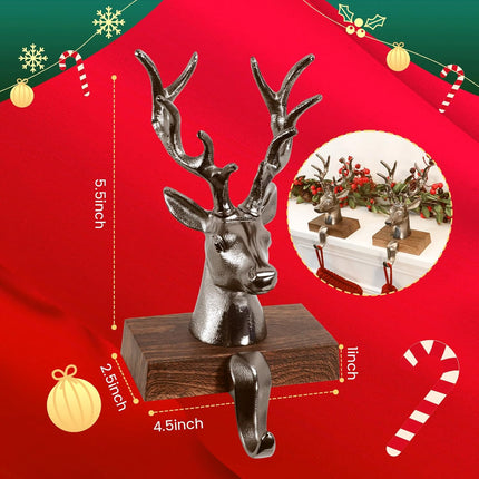 Christmas Stocking Holders for Mantle 3D Reindeer Stocking Hangers Hooks Mantel Garland Clips Metal Grips for Xmas Fireplace Decorations (Black)