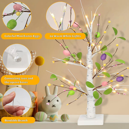 23in Easter Tree with Lights Pre-lit Easter Eggs Tree Tabletop Decor,Lighted Birch Tree Easter Tabletop Centerpieces Decorations,Artificial Easter Eggs Tree for Home Easter Spring Decoration