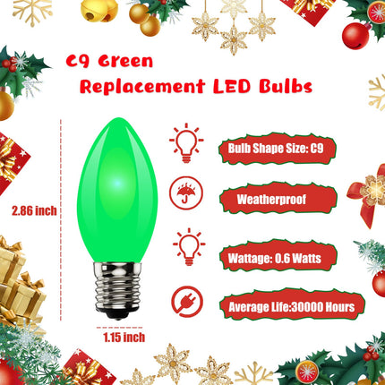 25 Pack C9 LED Green Replacement Bulbs, E17 LED Bulb for Outdoor Christmas String Lights, Energy-Efficient 0.6W LED Green Plastic Christmas Light Bulb, Commercial Grade Dimmable Bulbs