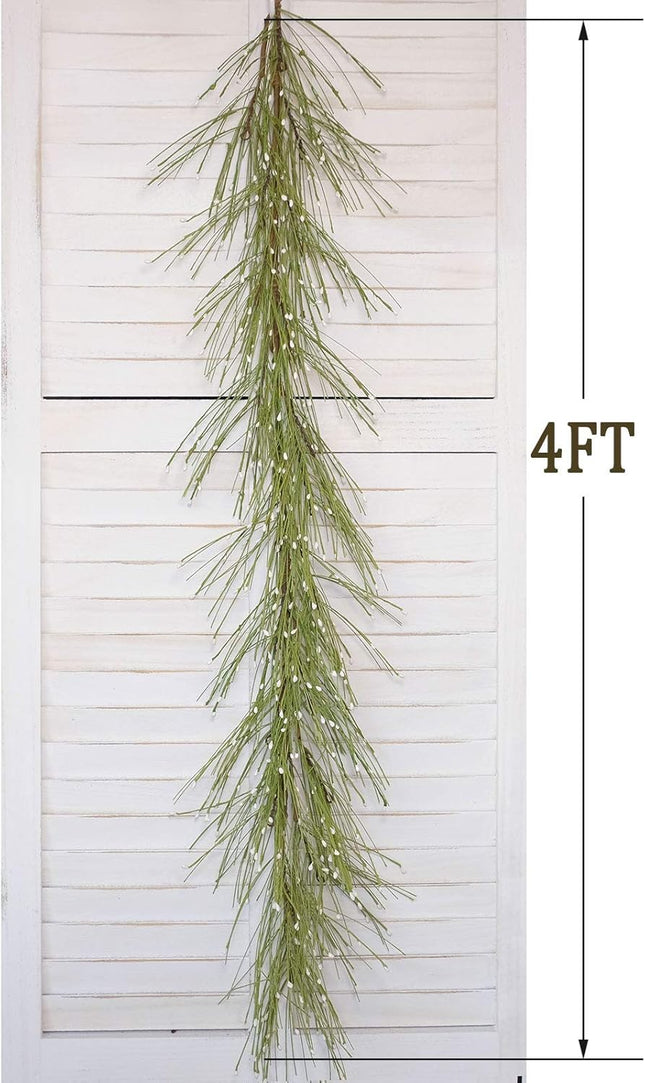 idyllic 4FT Garland with Artificial White Berries, Pine Needles Fake Hanging Vine Plant for Home Decoration