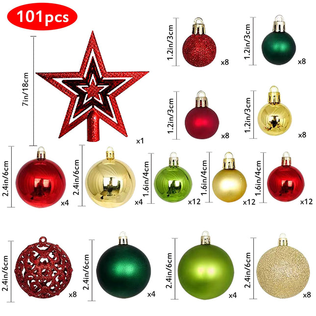 101 PCS Christmas Balls Ornaments Set for Christmas Xmas Trees, Shatterproof Plastic Baubles Christmas Balls and Tree Topper for Christmas Holiday Decorations