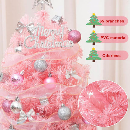 Small Mini Pink Christmas Tree with Light, 24 Inch/2Ft Tabletop Miniature Christmas Tree with Hanging Ornaments, Battery Operated Artificial Xmas Tree for Desk Christmas Home Party Decor