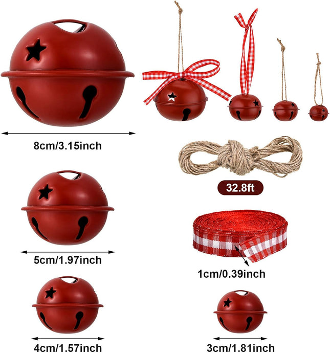 50 Pieces Bell with Star Cutout Metal Sleigh Bell Rustic Christmas Xmas Tree Ornaments Assorted Size with Hanging Ribbon and Rope for Holiday Wreath Garland Craft Decorations (Dark Red Bells)